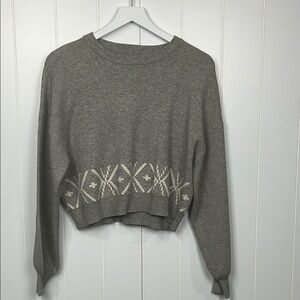 Cotton:On Womens Sweater Gray White M/M Crew Pullover Geo Hem Design Crop Trendy